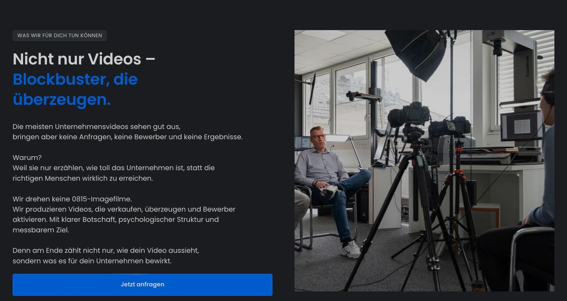 Jahnke Pictures Website – Sektion „Blockbuster, die überzeugen" mit Blick hinter die Kulissen der Videoproduktion