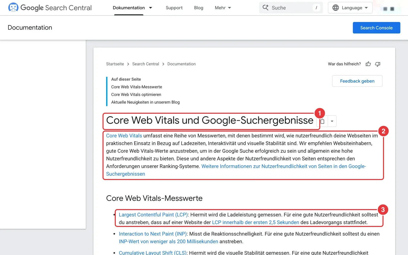 Google-Dokumentation zu Core Web Vitals mit markierter Überschrift, Erklärung und dem Richtwert für Largest Contentful Paint