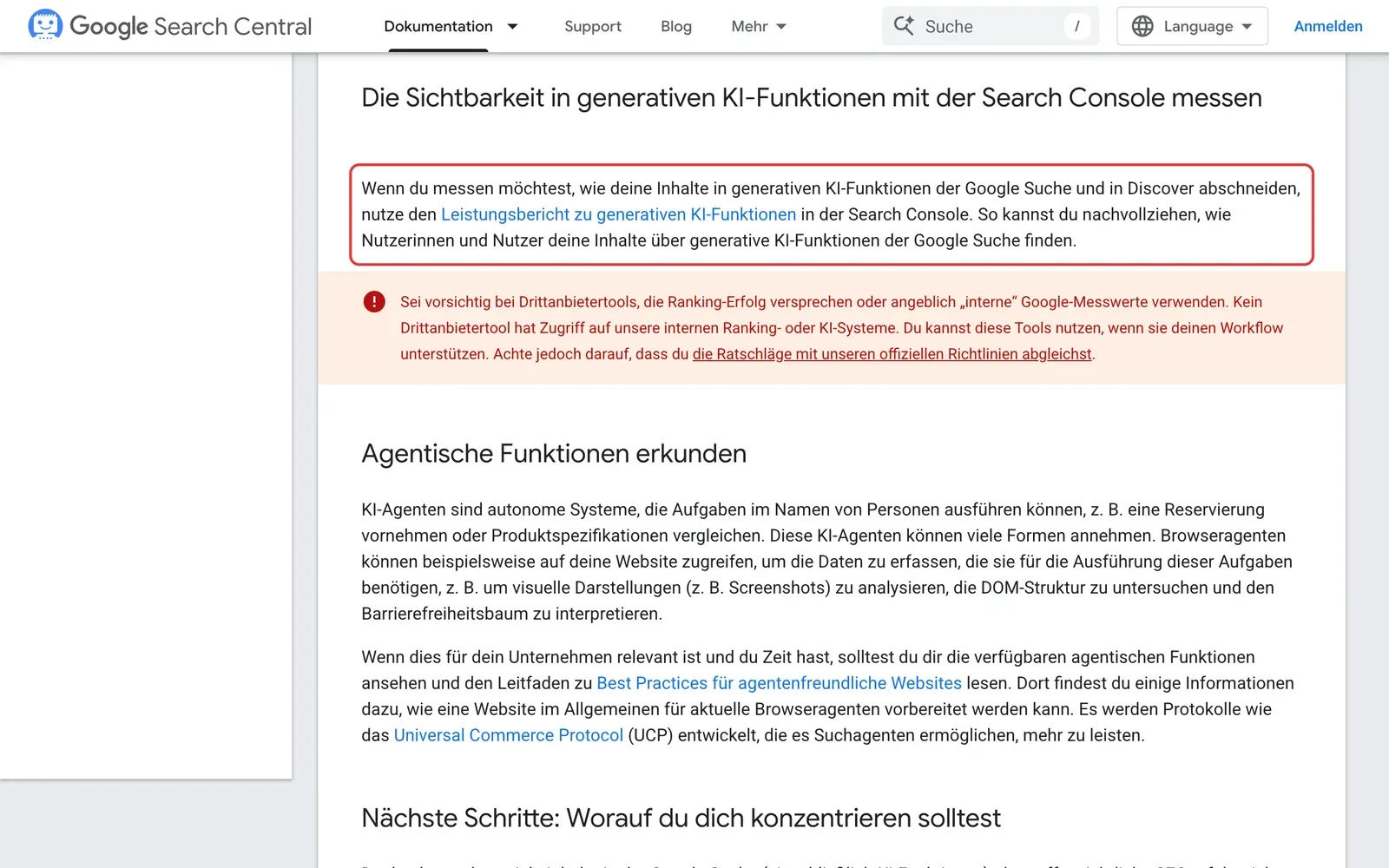 Google Search Central, Abschnitt zum Messen der Sichtbarkeit in generativen KI-Funktionen: der Hinweis auf den Leistungsbericht in der Search Console ist rot umrahmt, darunter eine Warnung vor Drittanbieter-Tools