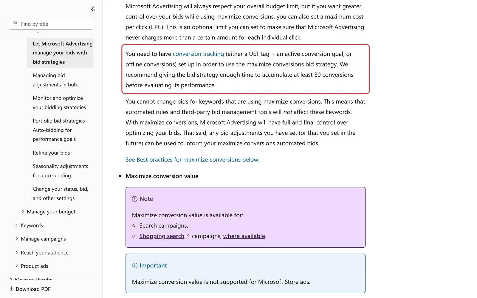 Microsoft-Hilfe zu Gebotsstrategien mit markierter Empfehlung von mindestens 30 Conversions