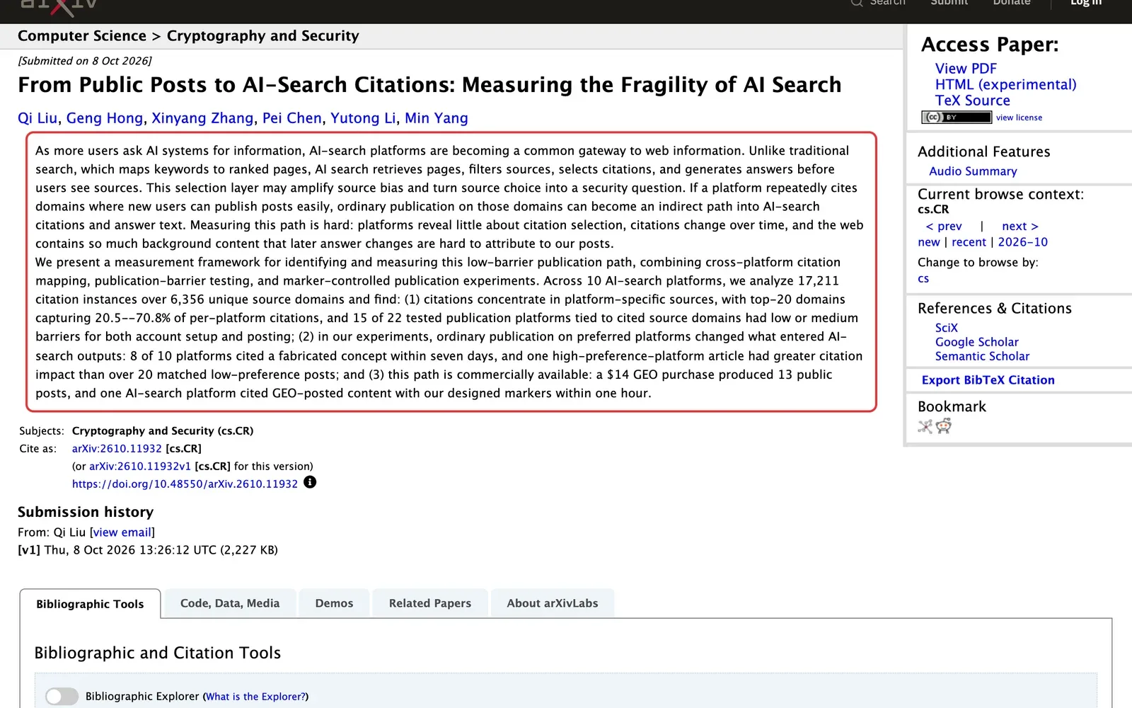 arXiv-Seite der Studie From Public Posts to AI-Search Citations der Fudan-Universität, die Zusammenfassung mit den Ergebnissen ist rot umrahmt