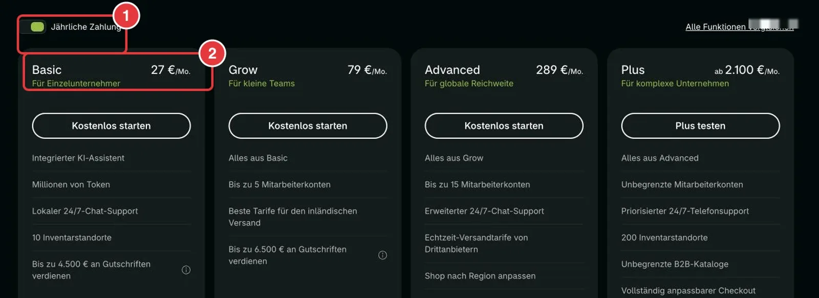 Preisseite von Shopify mit markierter jährlicher Zahlung und dem Paket Basic