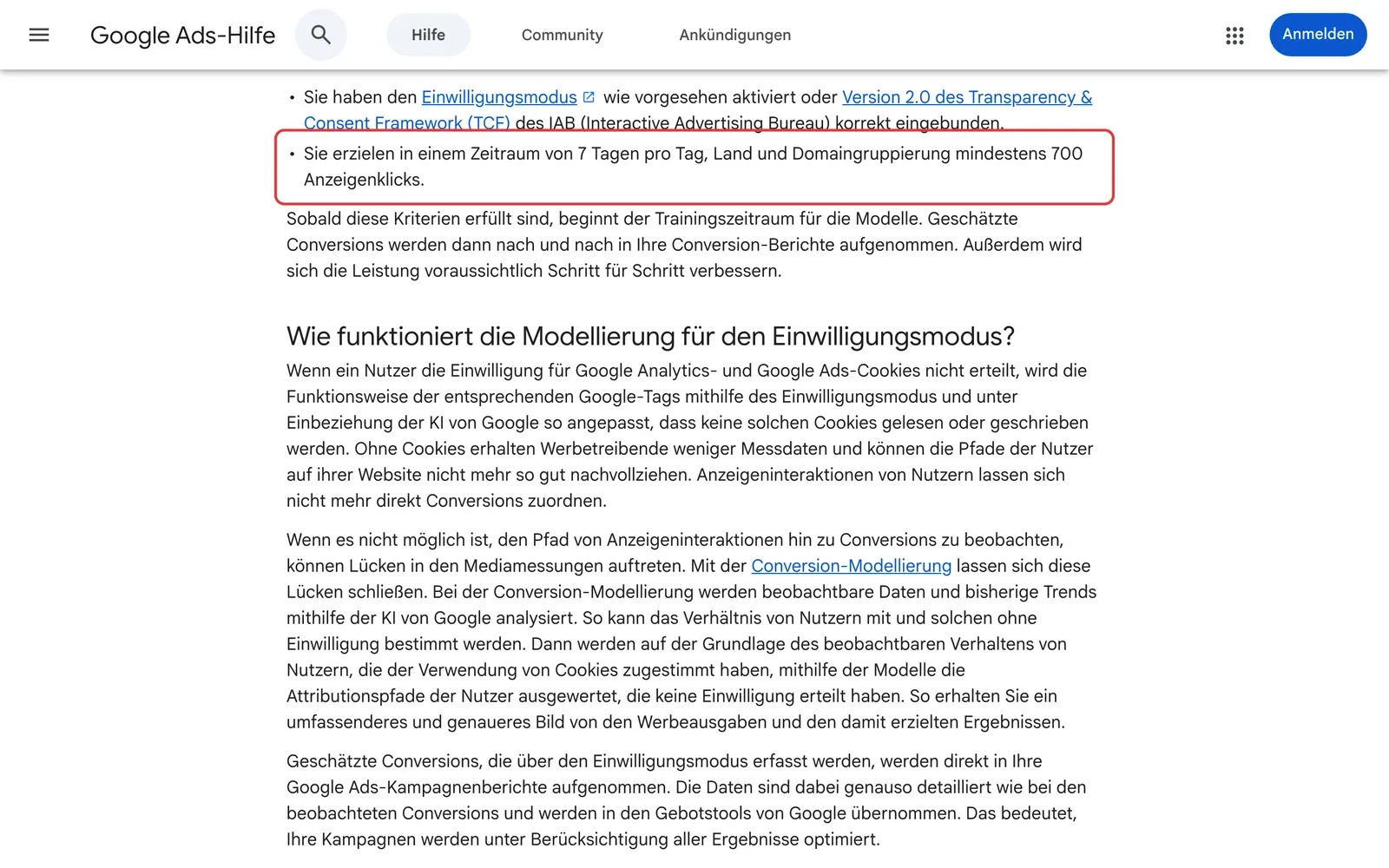 Google Ads-Hilfe zur Modellierung, rot markiert die Voraussetzung von mindestens 700 Anzeigenklicks