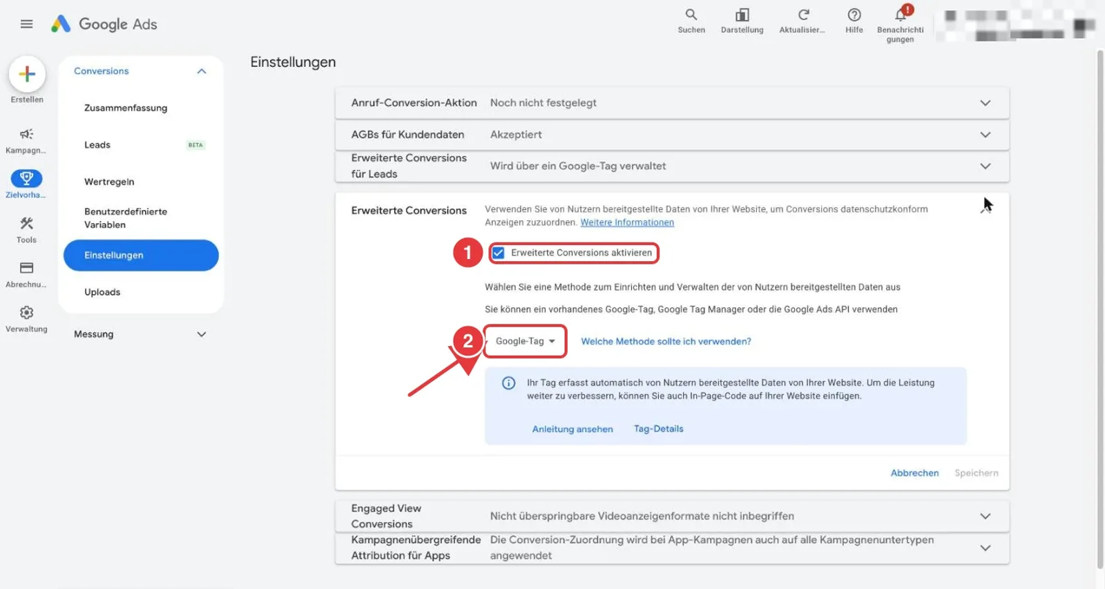 Google Ads aufgeklappte Einstellung Erweiterte Conversions: das Häkchen Erweiterte Conversions aktivieren und das Auswahlfeld Google-Tag sind rot markiert