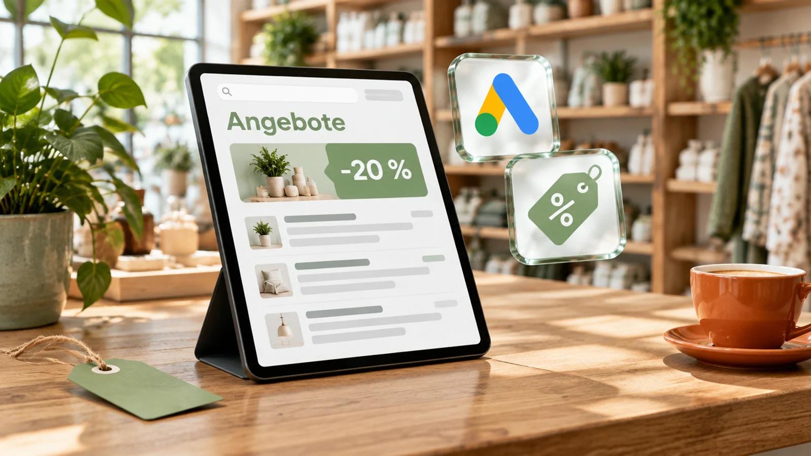 Tablet auf einer Holztheke in einem kleinen Laden zeigt eine Seite mit Angeboten und einem Rabatt von 20 Prozent