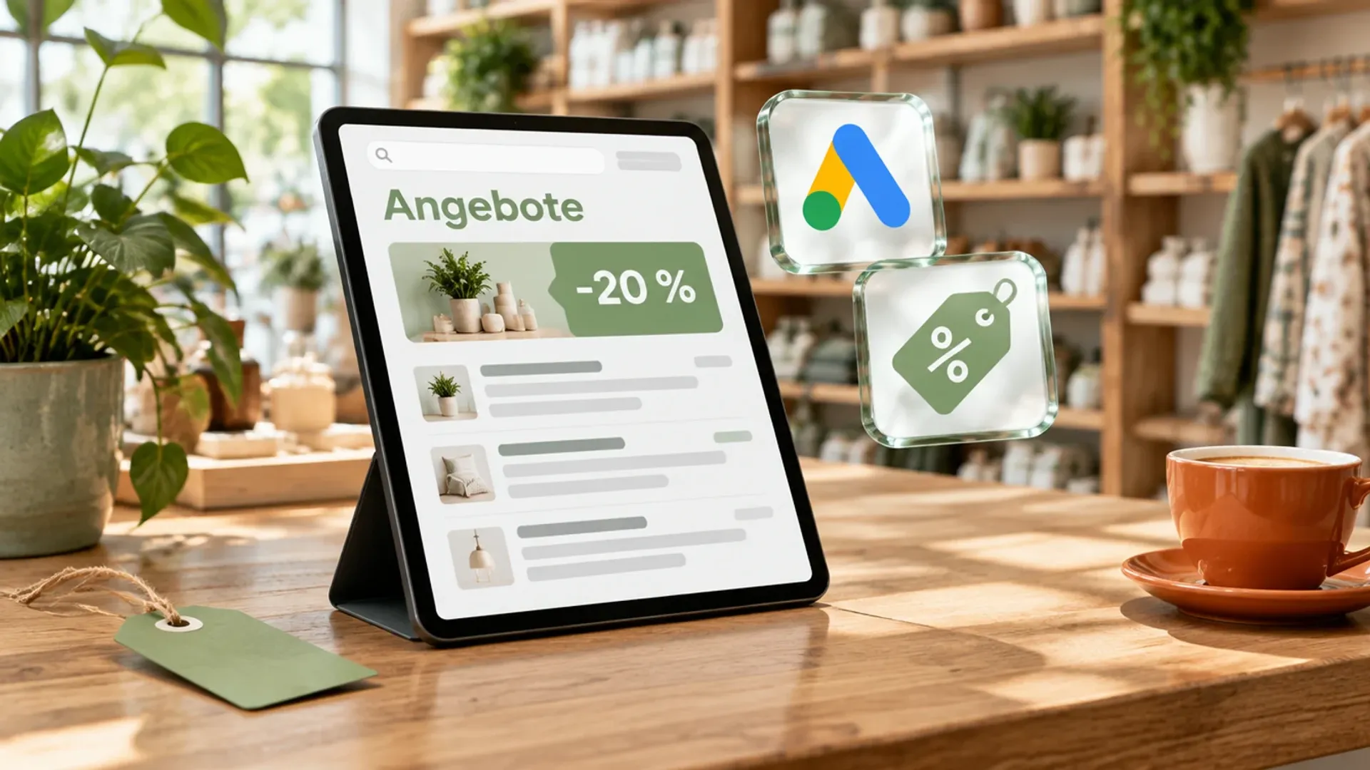 Tablet auf einer Holztheke in einem kleinen Laden zeigt eine Seite mit Angeboten und einem Rabatt von 20 Prozent