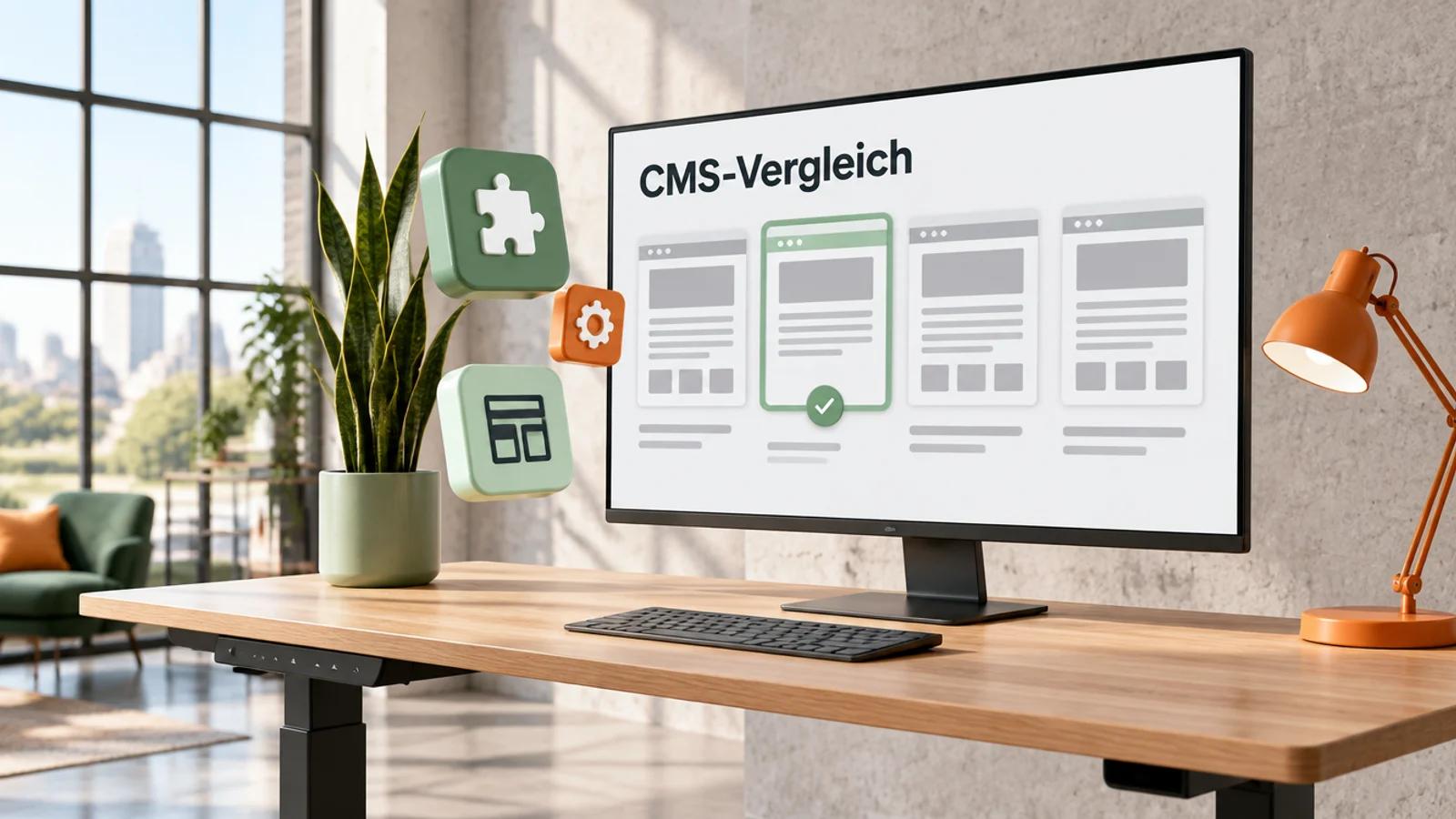 Monitor mit vier Website-Entwürfen im Vergleich auf einem Stehtisch in einem hellen Loft