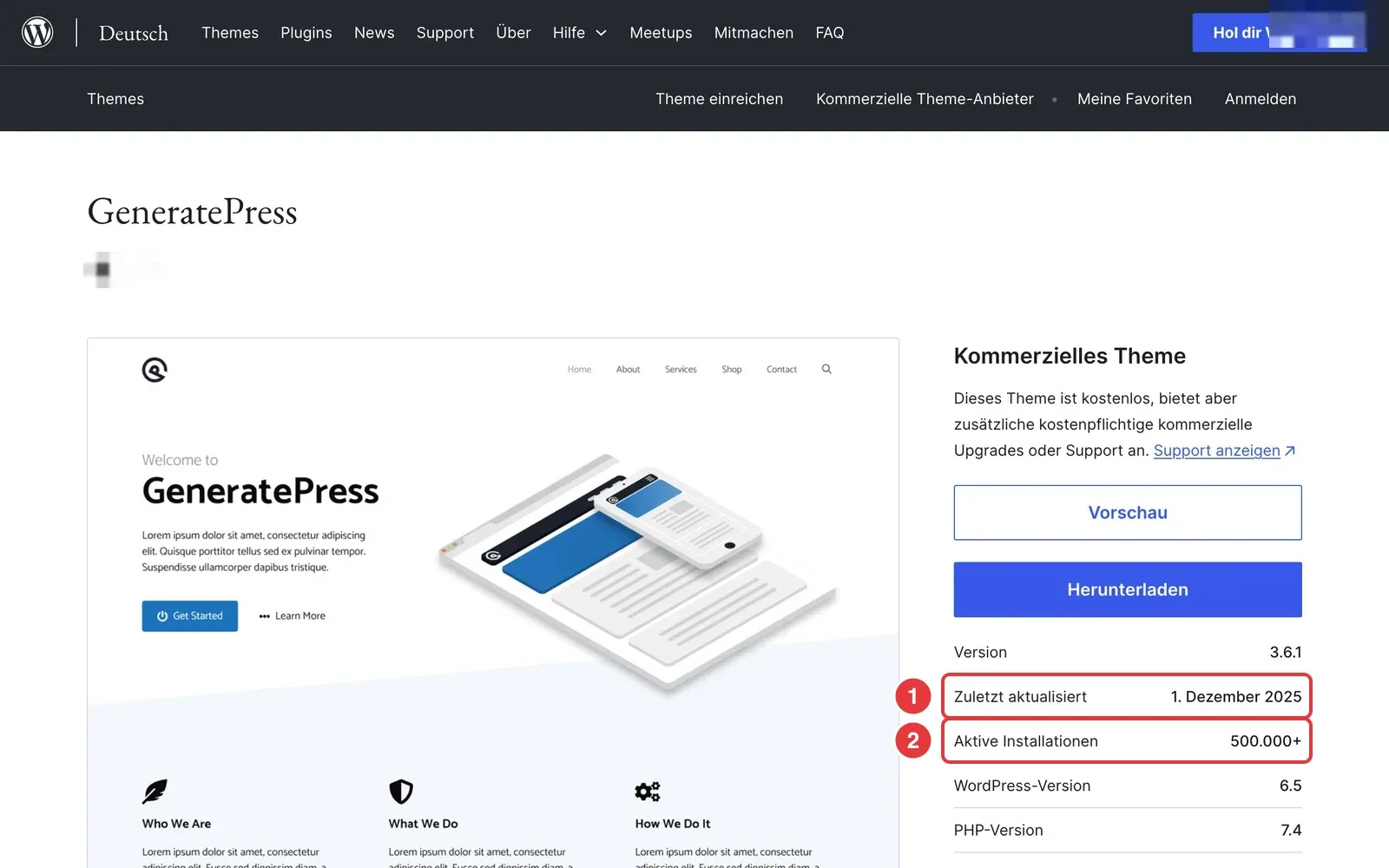 GeneratePress im WordPress-Theme-Verzeichnis mit markiertem Datum des letzten Updates und der Zahl aktiver Installationen