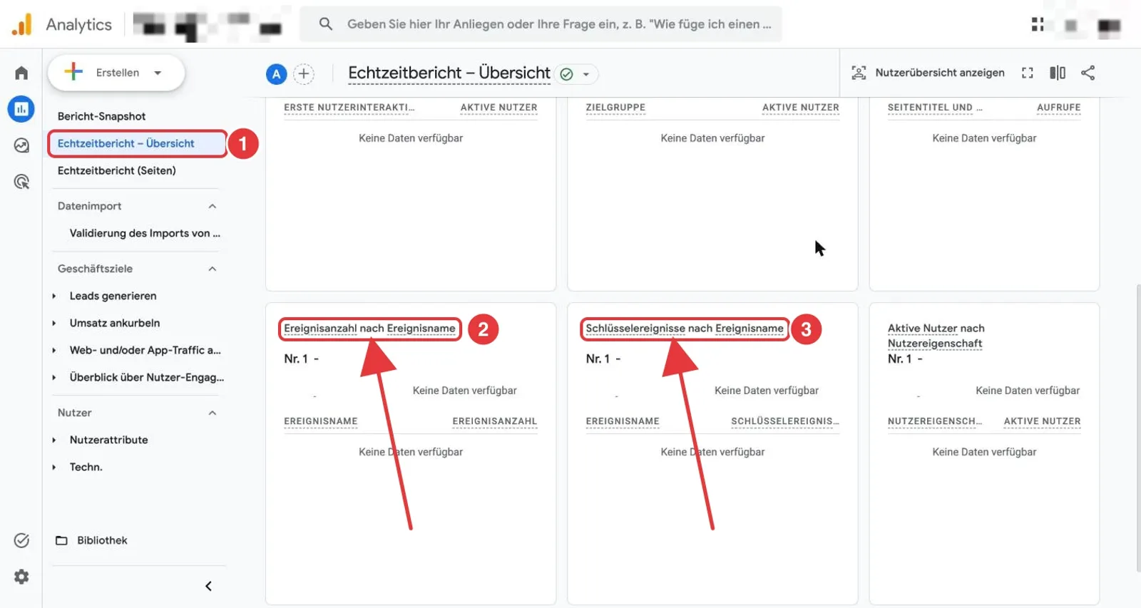 Google Analytics 4 Echtzeitbericht Übersicht: Menüpunkt Echtzeitbericht und die Karten Ereignisanzahl nach Ereignisname und Schlüsselereignisse nach Ereignisname sind rot markiert
