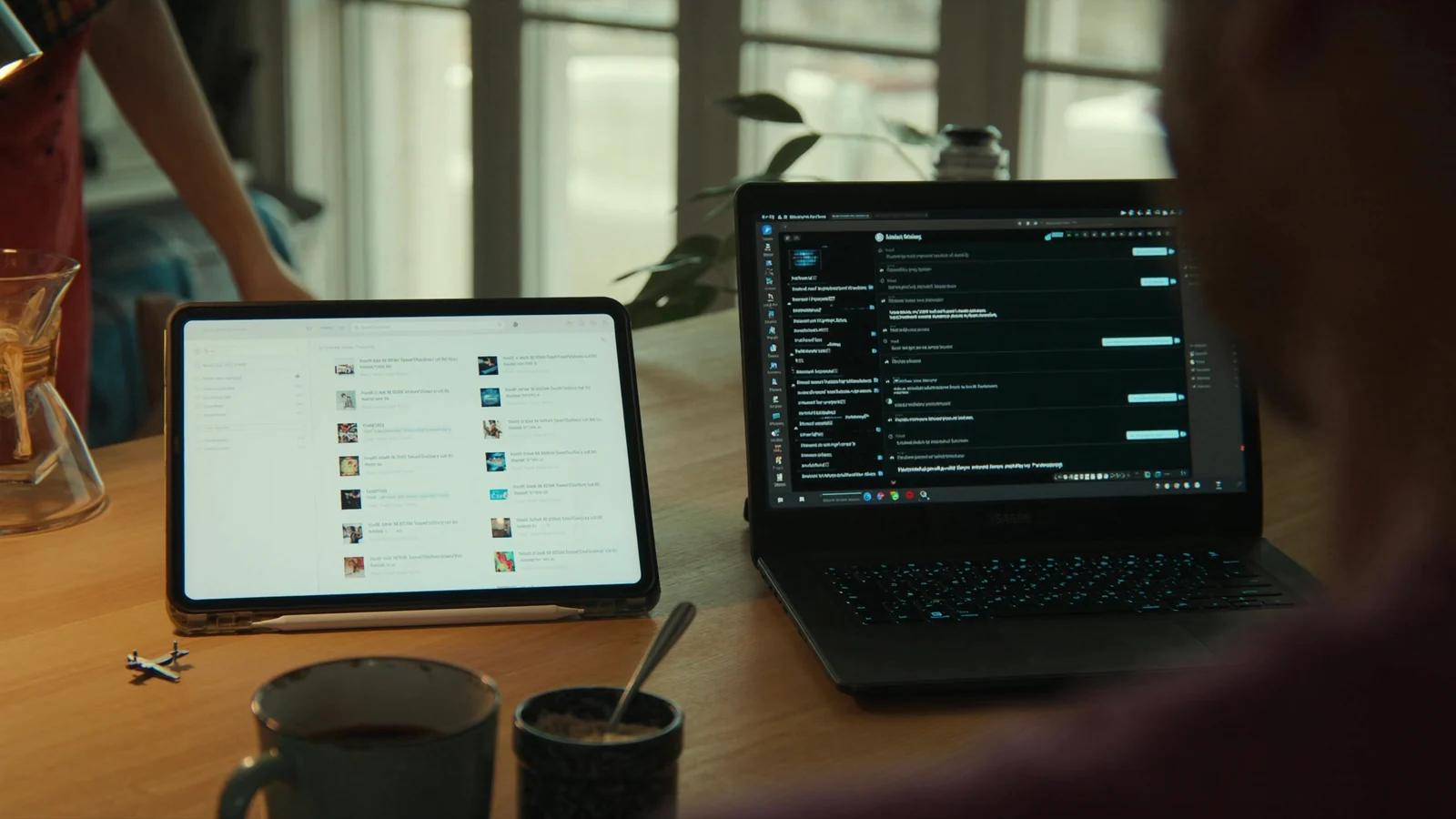 Tablet mit einer Trefferliste und Laptop mit einem Chatfenster nebeneinander auf dem Tisch