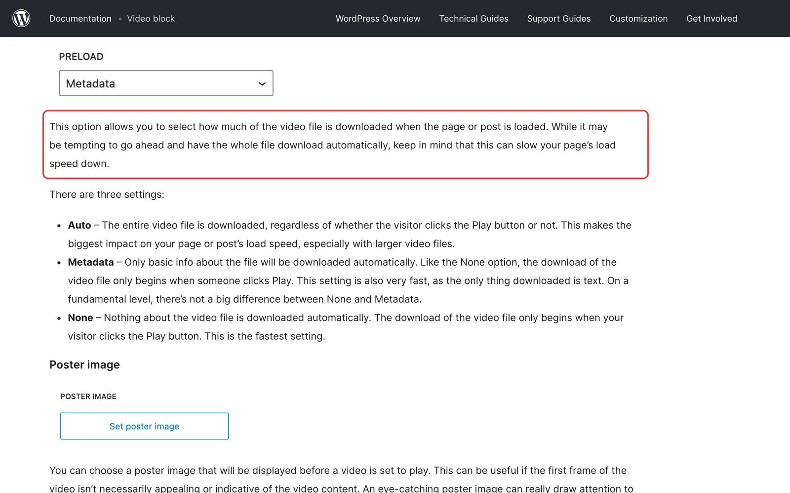 WordPress-Dokumentation zum Video-Block, die Erklärung der Einstellung Vorladen ist rot umrahmt, darunter die drei Optionen Auto, Metadata und None