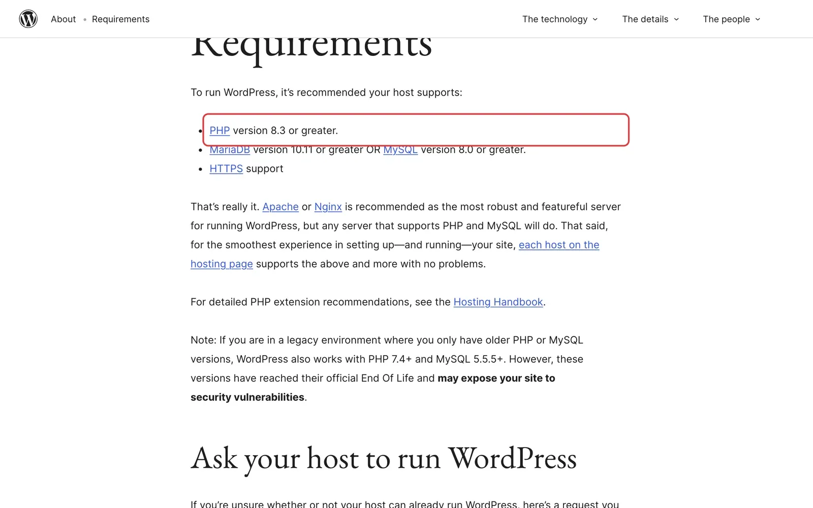 WordPress-Seite zu den Anforderungen: Die Empfehlung PHP-Version 8.3 oder neuer ist rot umrahmt
