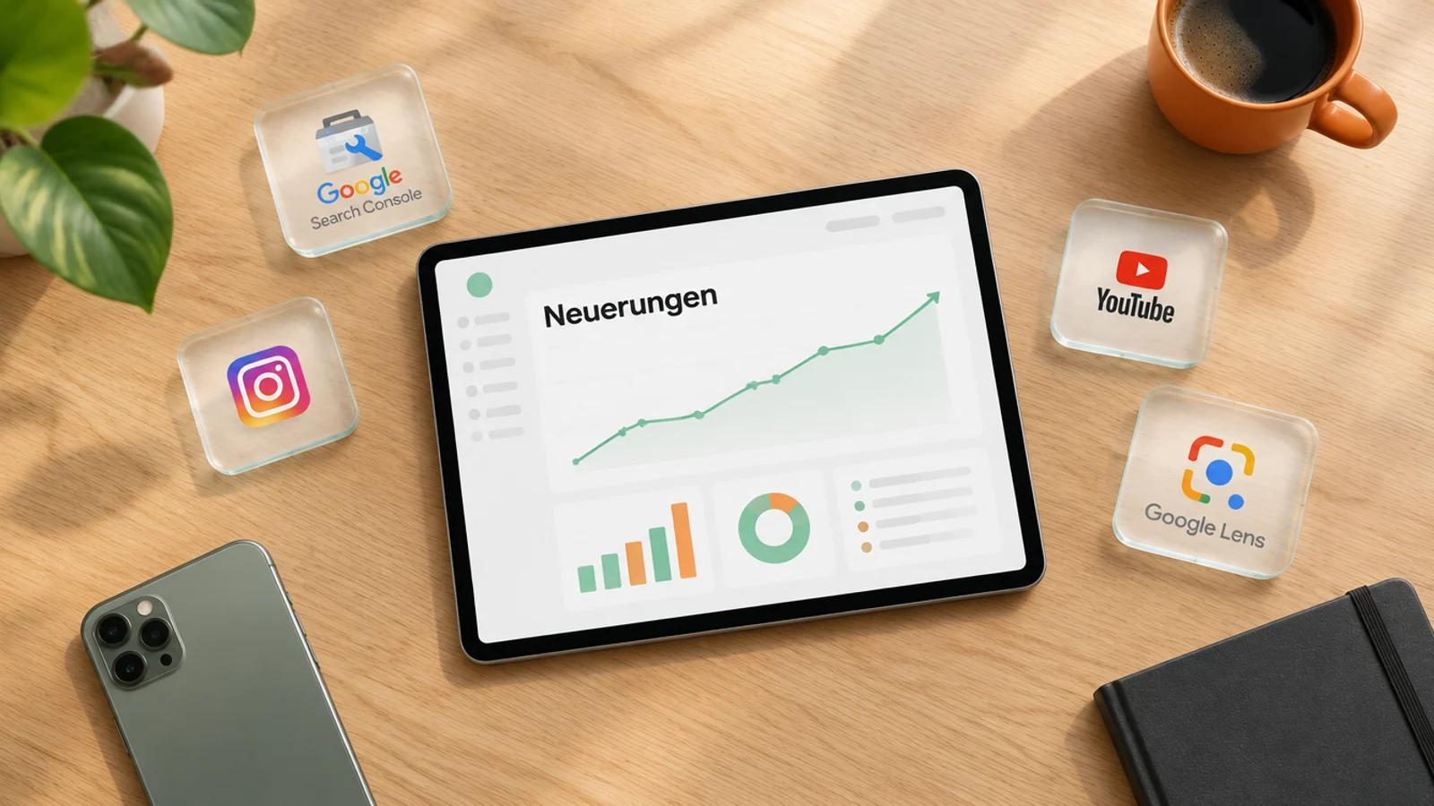 Tablet mit Auswertung und dem Wort Neuerungen auf einem Holztisch, daneben Glaskacheln mit den Logos von Search Console, Instagram, YouTube und Google Lens