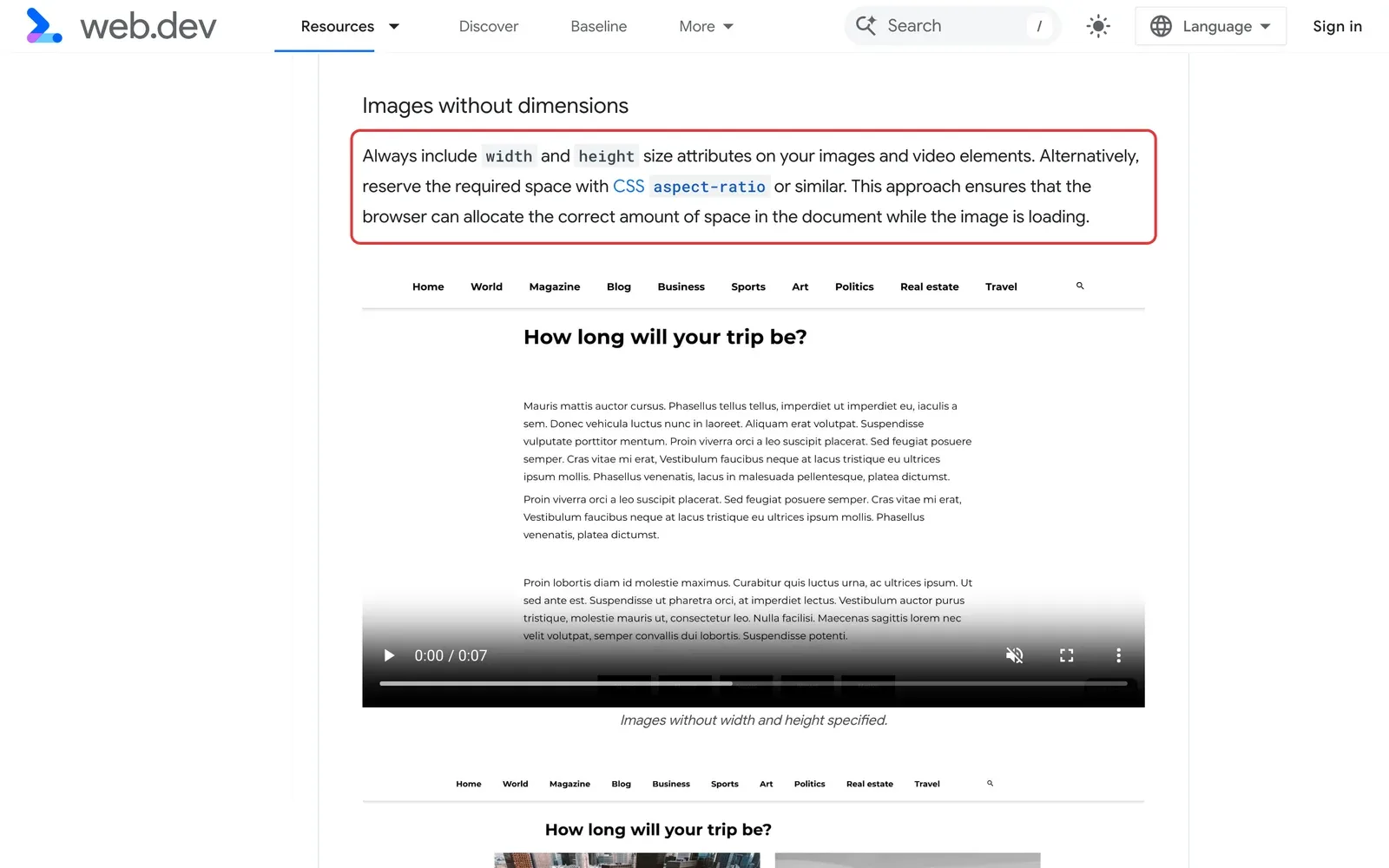 web.dev: Empfehlung, bei Bildern und Videos immer Breite und Höhe anzugeben