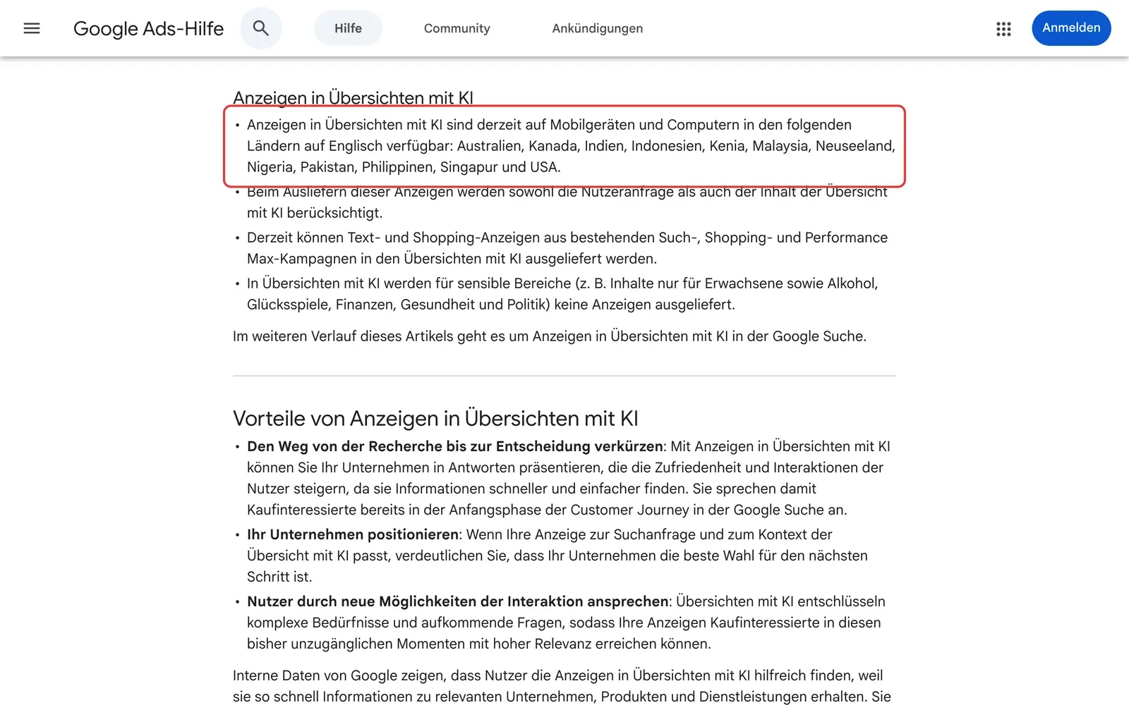 Google Ads-Hilfe mit der Liste der Länder, in denen Anzeigen in Übersichten mit KI verfügbar sind