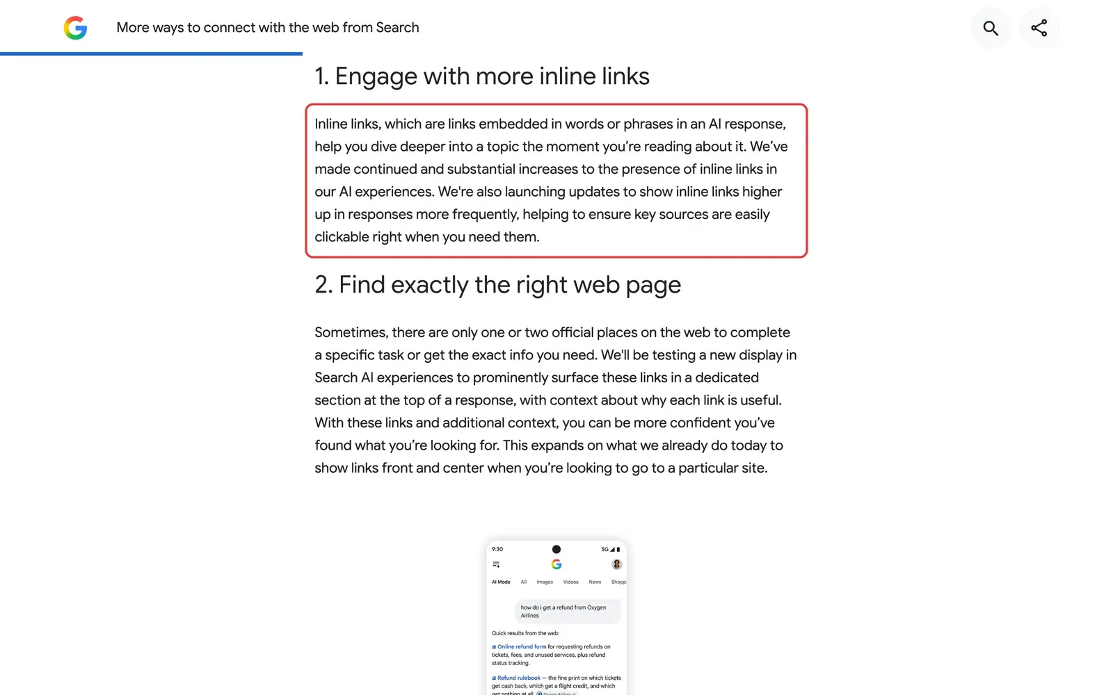 Google-Blog vom 15. Oktober 2026 mit dem rot umrahmten Absatz zu mehr Inline-Links in KI-Antworten