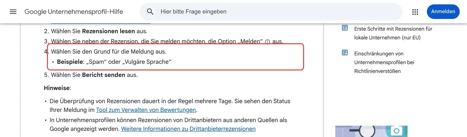 Google-Unternehmensprofil-Hilfe mit den Schritten zum Melden einer Rezension, der Schritt zur Auswahl des Meldegrunds ist rot umrahmt