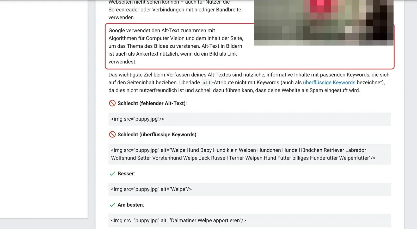 Google-Dokumentation zur Bildersuche mit markiertem Absatz, wie Google den Alt-Text von Bildern verwendet