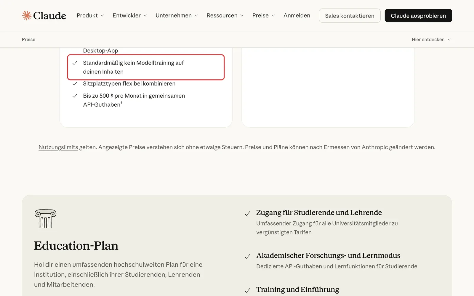 Claude-Preisseite, Reiter Team und Enterprise: der Punkt Standardmäßig kein Modelltraining auf deinen Inhalten ist rot umrahmt, darunter flexibel kombinierbare Platztypen und bis zu 500 Dollar API-Guthaben