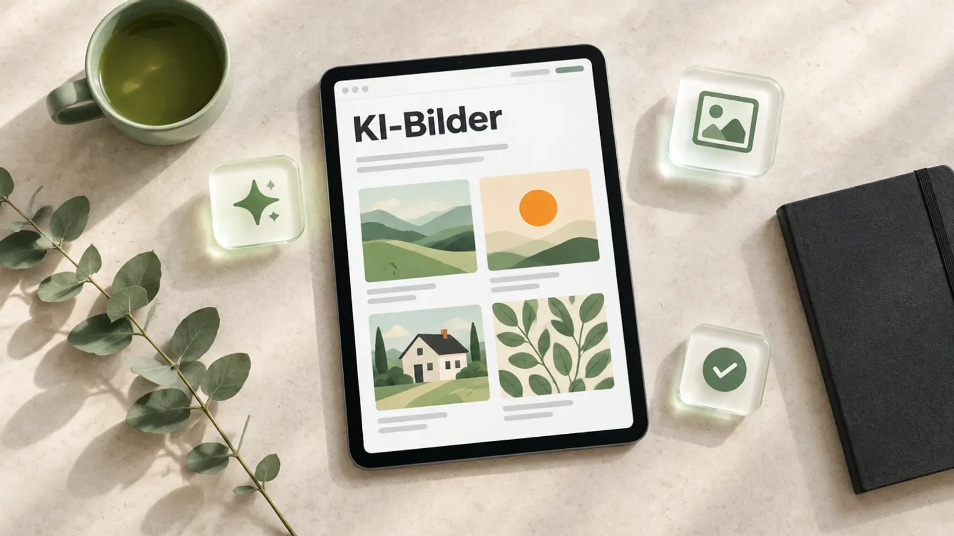 Tablet von oben auf einem hellen Steintresen mit dem Wort KI-Bilder und vier gezeichneten Landschaftsmotiven, daneben eine grüne Tasse, Eukalyptuszweige und Glaskarten mit Funkel-, Bild- und Haken-Symbol