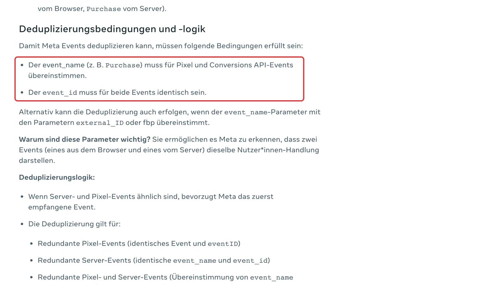 Meta-Hilfe zur Deduplizierung: event_name muss bei Pixel und Conversions API übereinstimmen, event_id muss für beide Events identisch sein