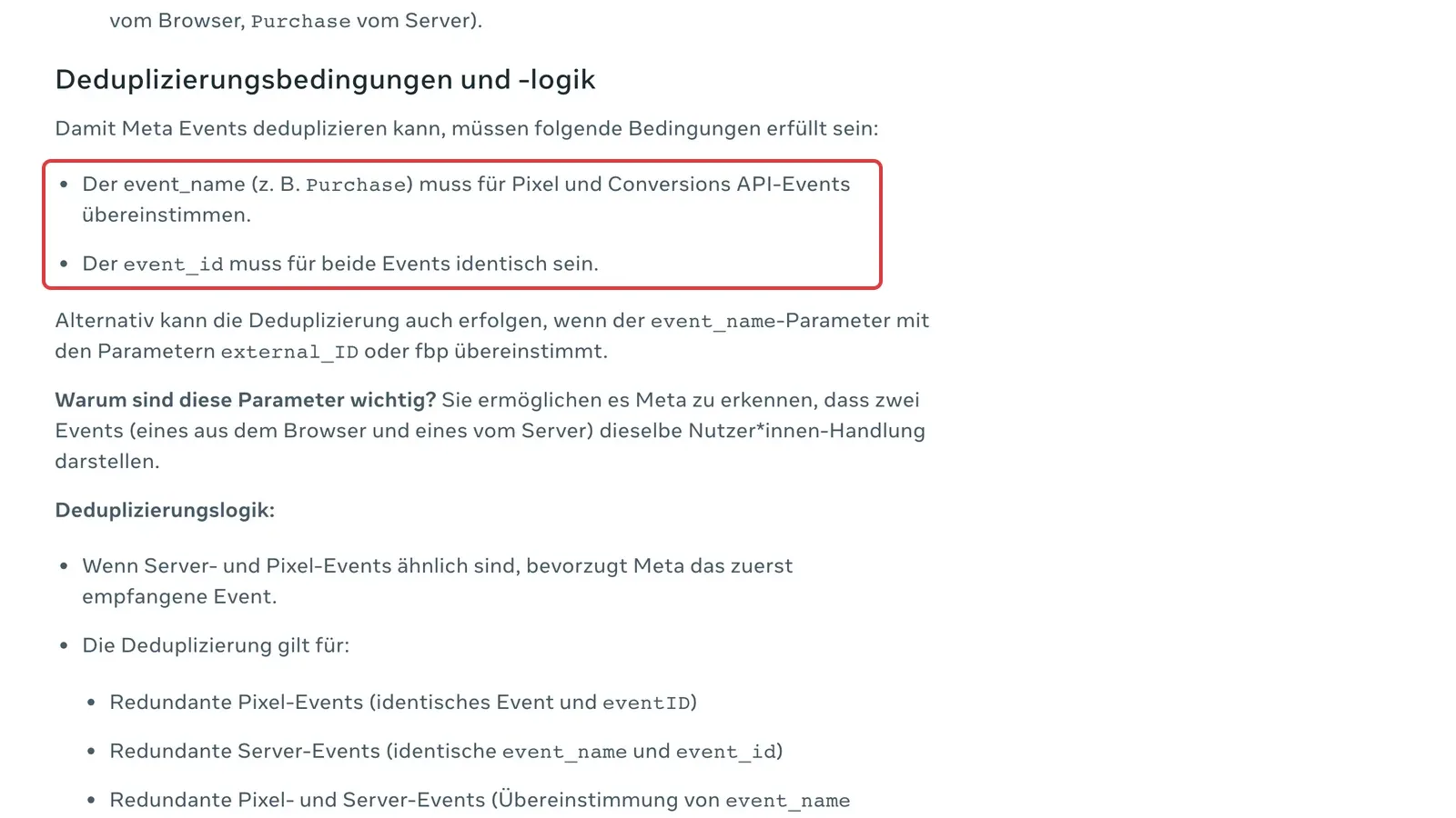 Meta-Hilfe zur Deduplizierung: event_name muss bei Pixel und Conversions API übereinstimmen, event_id muss für beide Events identisch sein