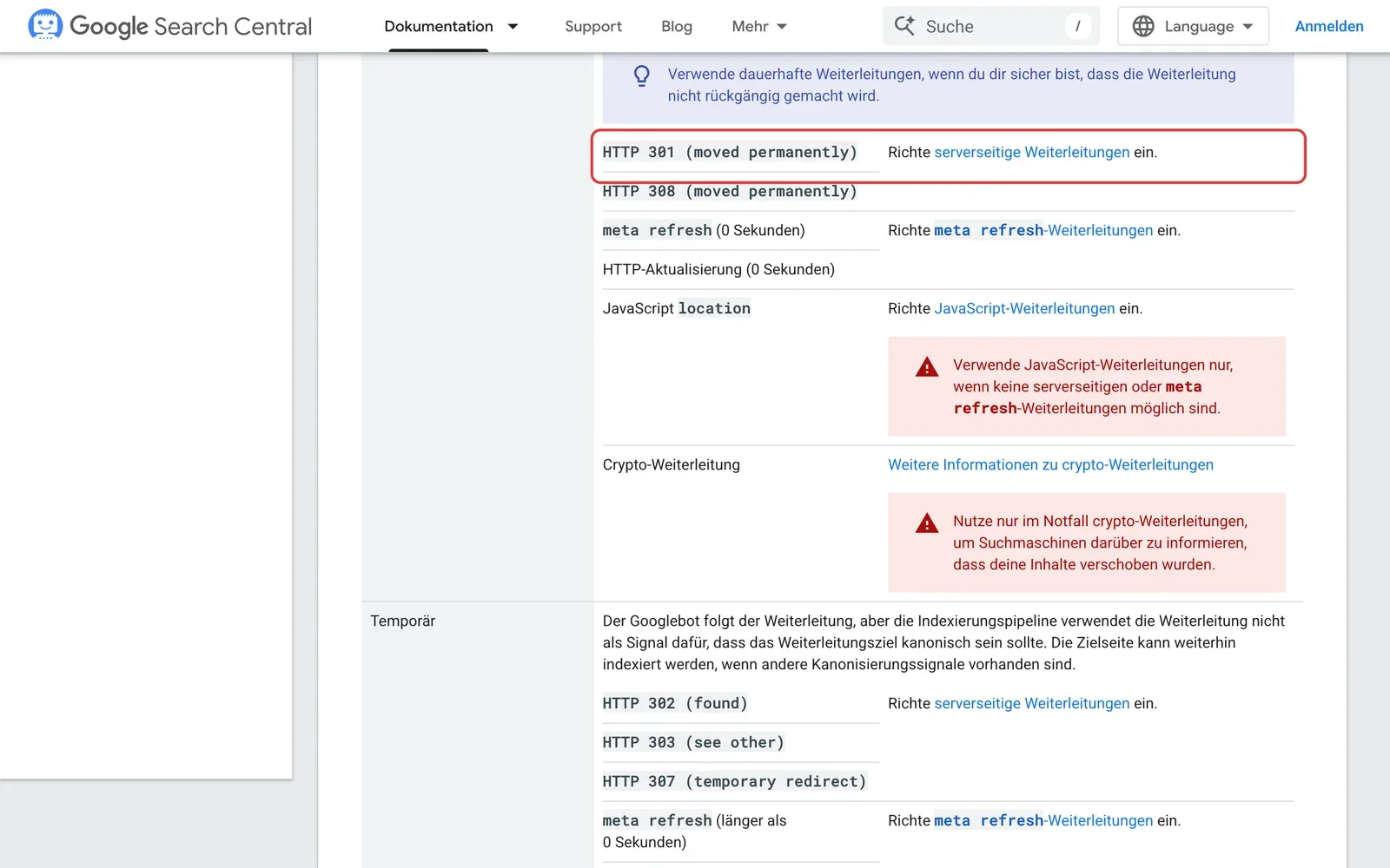 Google Search Central: Tabelle der Weiterleitungstypen, 301 als dauerhafte Weiterleitung