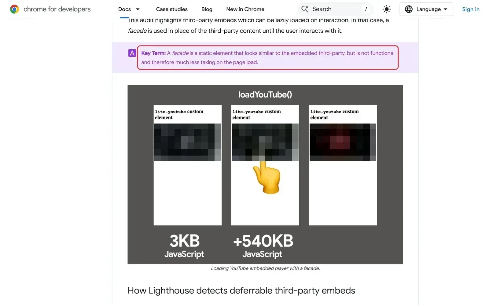 Chrome-Dokumentation zu Fassaden für Drittanbieter-Inhalte, die Definition ist rot umrahmt, darunter der Vergleich 3 KB gegen 540 KB JavaScript