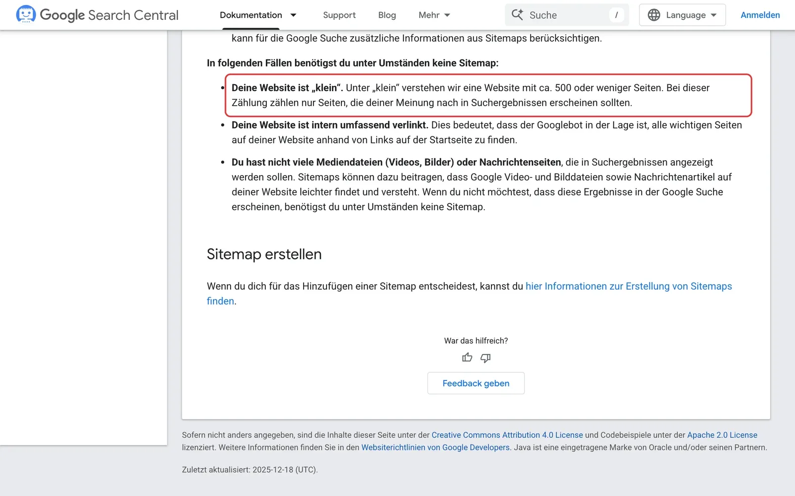 Google-Dokumentation zu Sitemaps, rot markiert ist der Hinweis, dass kleine Websites mit etwa 500 Seiten unter Umständen keine Sitemap brauchen