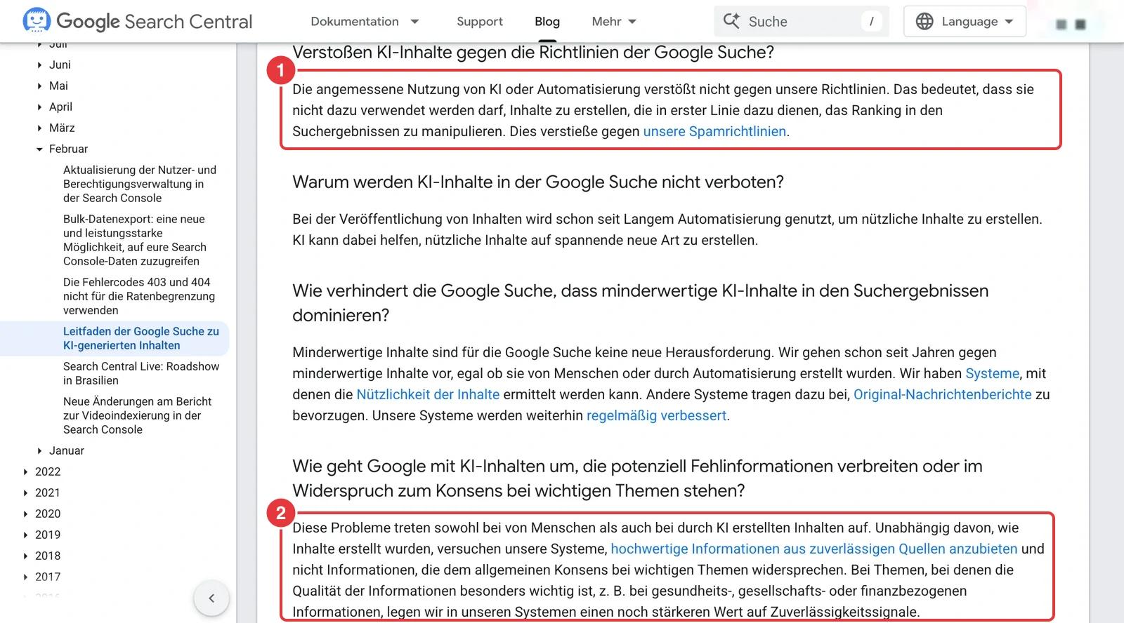 Leitfaden der Google Suche zu KI-generierten Inhalten mit markierten Antworten zu Richtlinien und Qualität