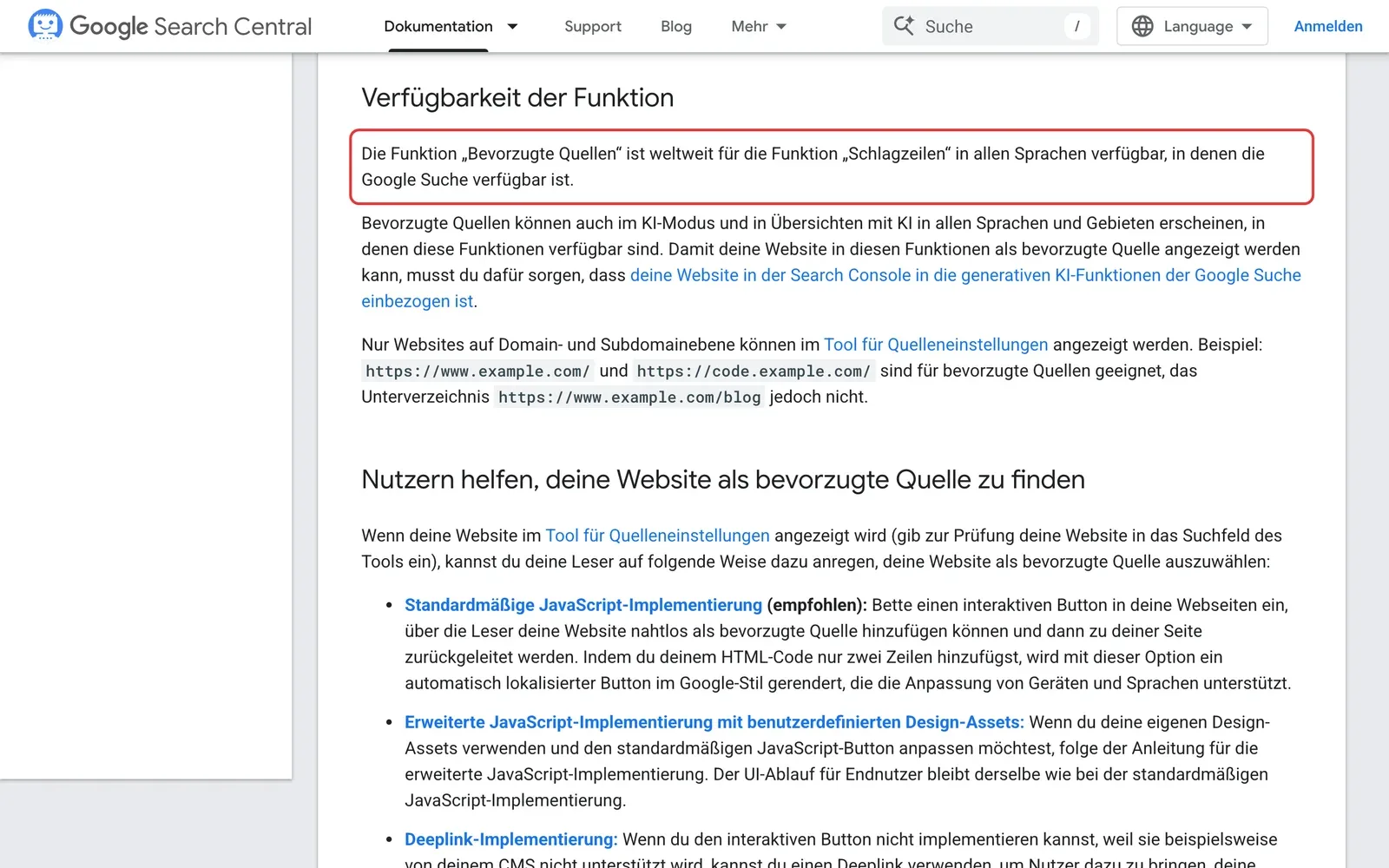 Google Search Central zu bevorzugten Quellen mit dem rot umrahmten Satz zur weltweiten Verfügbarkeit in allen Sprachen der Google Suche