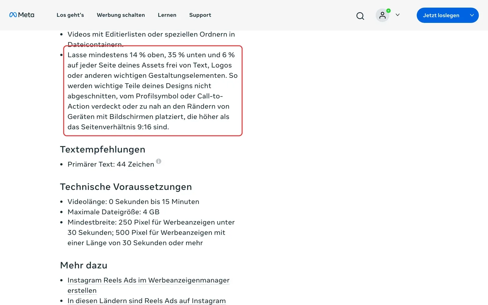 Meta-Anzeigenleitfaden für Instagram Reels mit der Vorgabe, oben 14, unten 35 und seitlich 6 Prozent frei zu lassen
