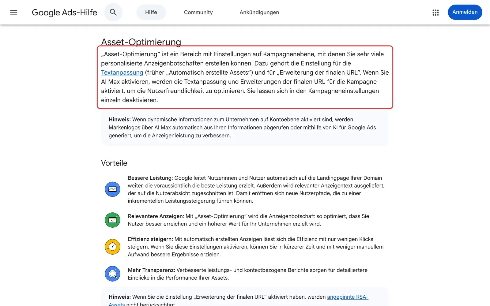 Google Ads-Hilfe: Abschnitt Asset-Optimierung mit dem Hinweis, dass AI Max die Textanpassung und die Erweiterung der finalen URL aktiviert