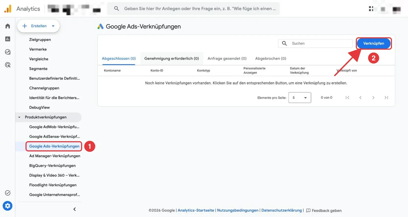 Google Analytics 4 Verwaltung, Seite Google Ads-Verknüpfungen: Menüpunkt und Schaltfläche Verknüpfen sind rot markiert