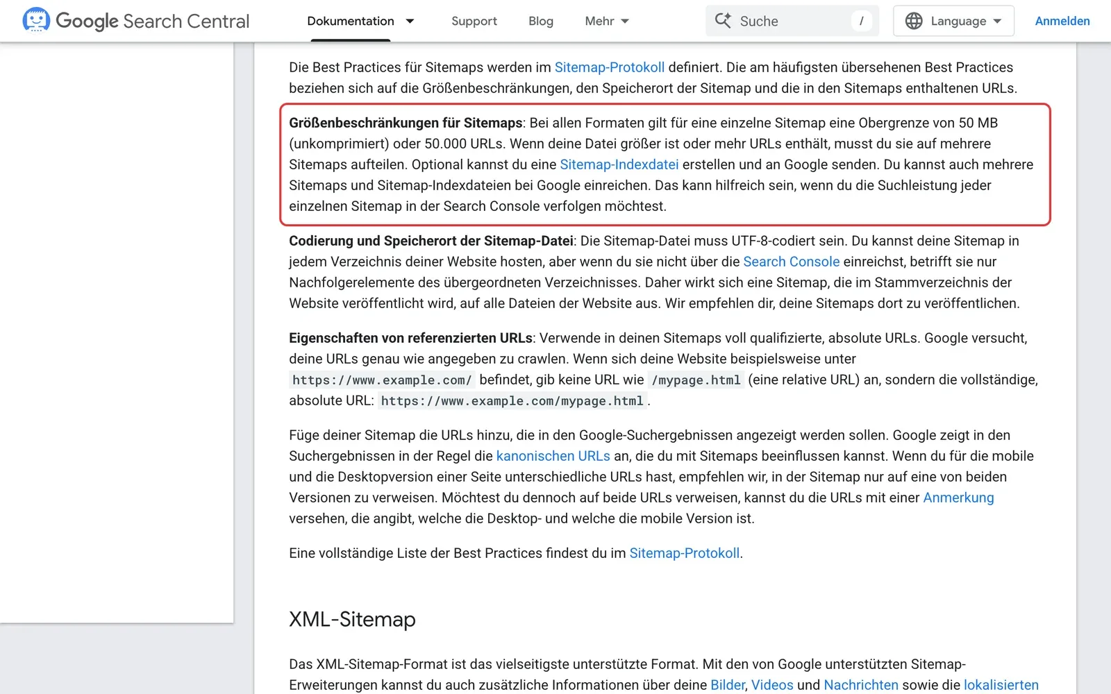 Google-Dokumentation zum Erstellen einer Sitemap, rot markiert sind die Größenbeschränkungen von 50 MB und 50.000 URLs
