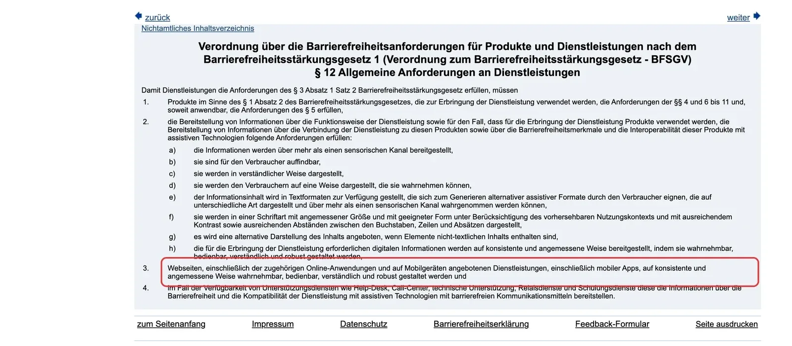Paragraf 12 der Verordnung zum Barrierefreiheitsstärkungsgesetz mit markierter Nummer 3 zu Webseiten und mobilen Apps
