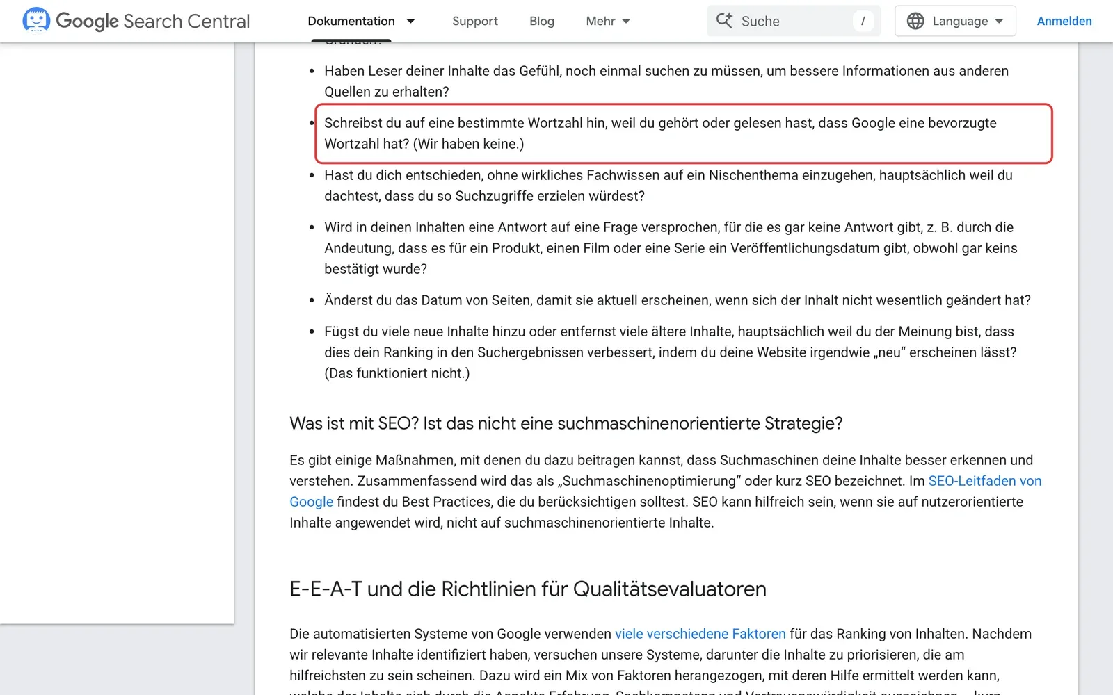 Google Search Central, hilfreiche Inhalte erstellen: die Frage, ob man auf eine bestimmte Wortzahl hinschreibt, weil Google angeblich eine bevorzugte Wortzahl hat, mit der Antwort Wir haben keine, ist rot umrahmt