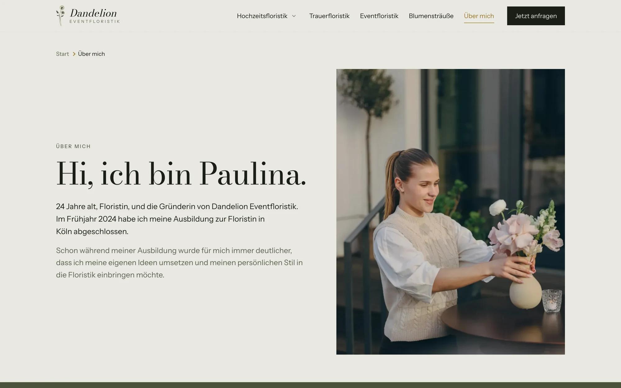 Über-mich-Seite mit Foto der Floristin Paulina Blech