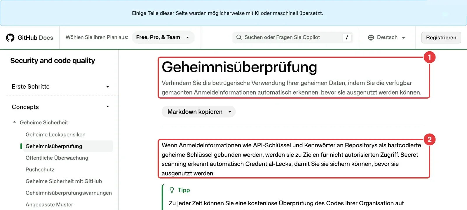 GitHub-Dokumentation zur Geheimnisüberprüfung mit markierter Überschrift und Erklärung zu hartcodierten Schlüsseln