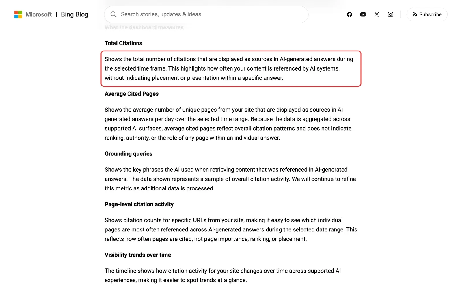 Bing-Blog zur Einführung von AI Performance mit der Erklärung der Kennzahl Total Citations