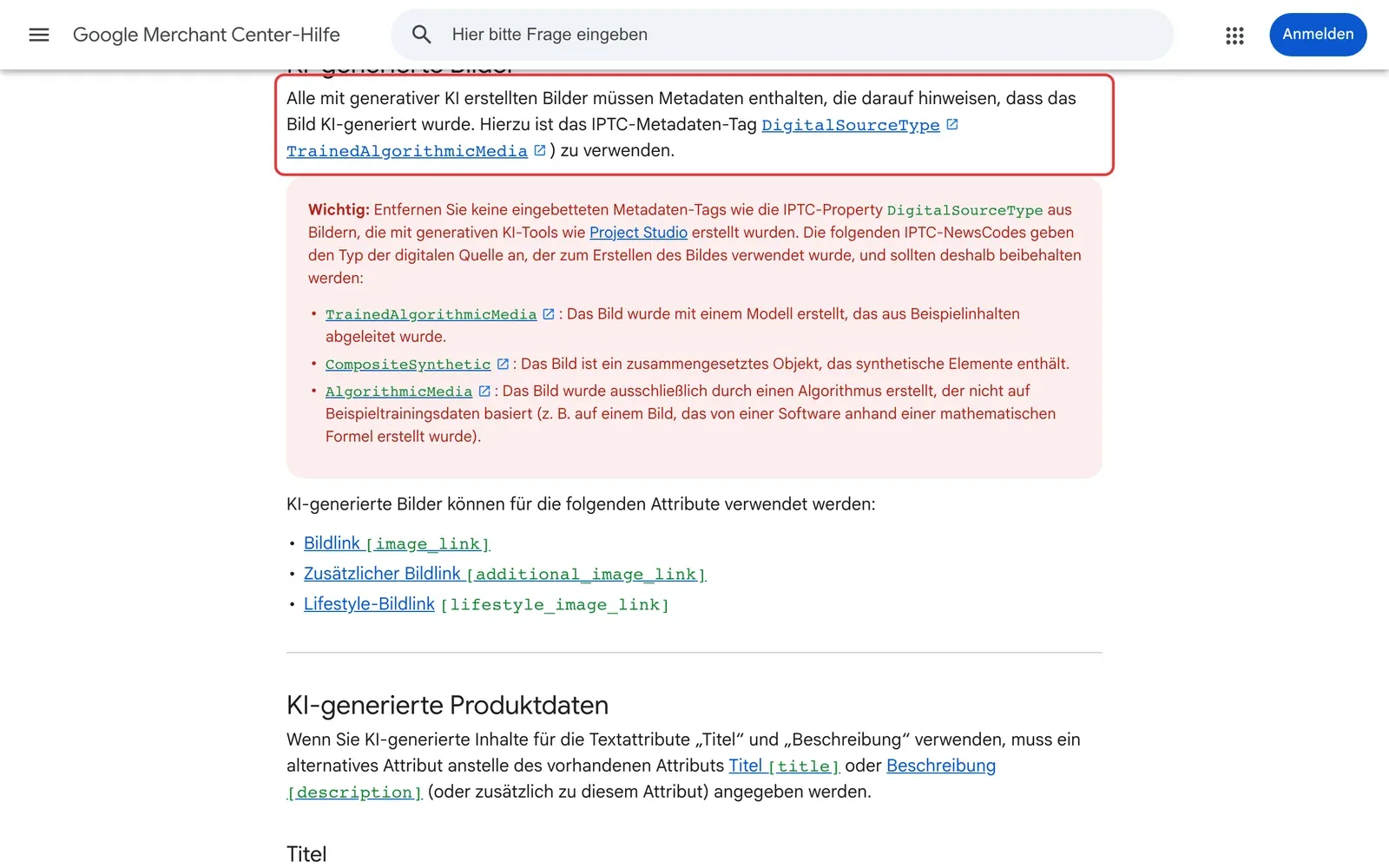 Merchant-Center-Hilfe von Google mit markierter Regel, dass KI-Bilder Metadaten mit dem Wert TrainedAlgorithmicMedia enthalten müssen