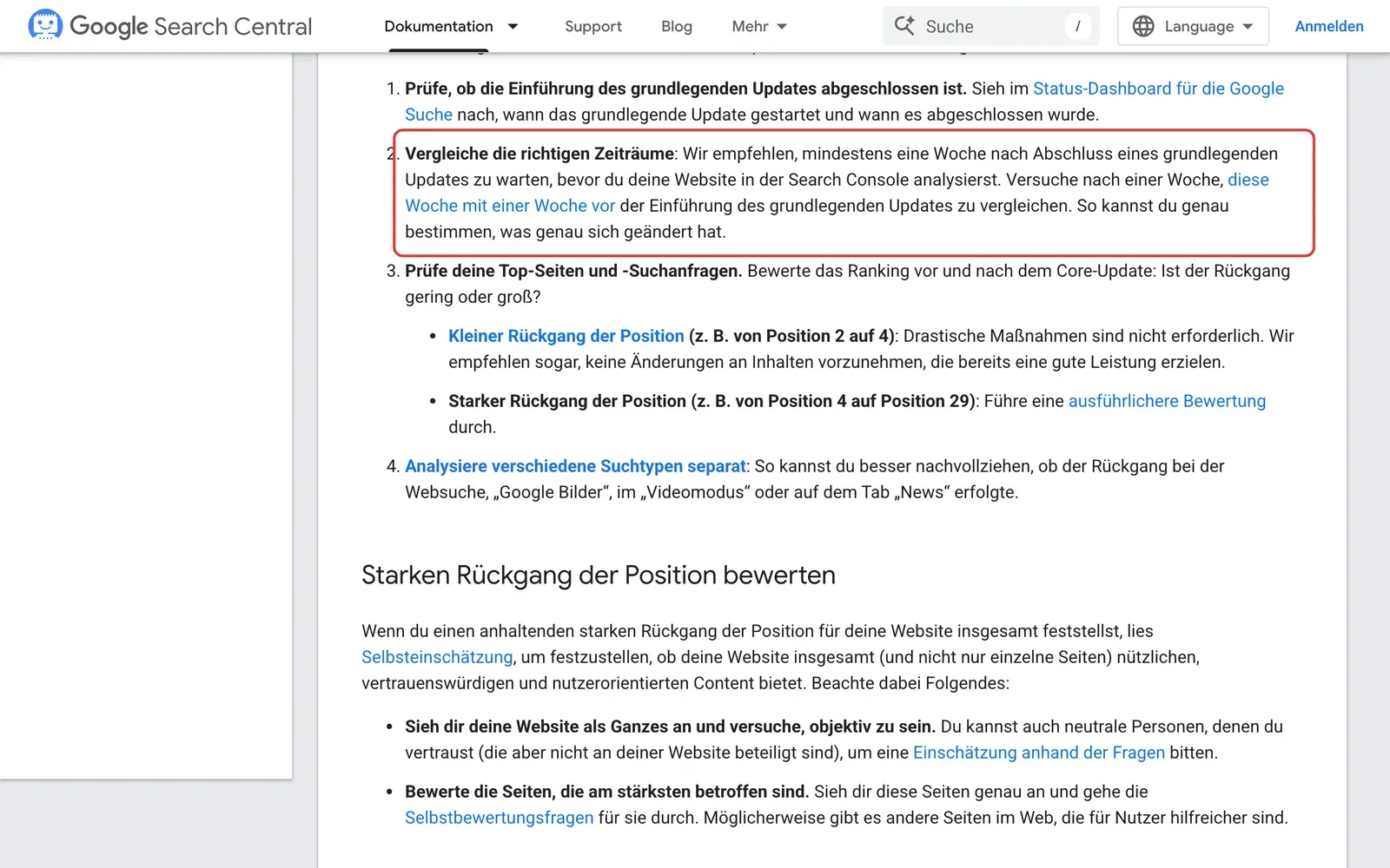 Google Search Central, Seite zu Core Updates: der Punkt, mindestens eine Woche nach Abschluss eines Updates zu warten und dann die Woche davor zu vergleichen, ist rot umrahmt