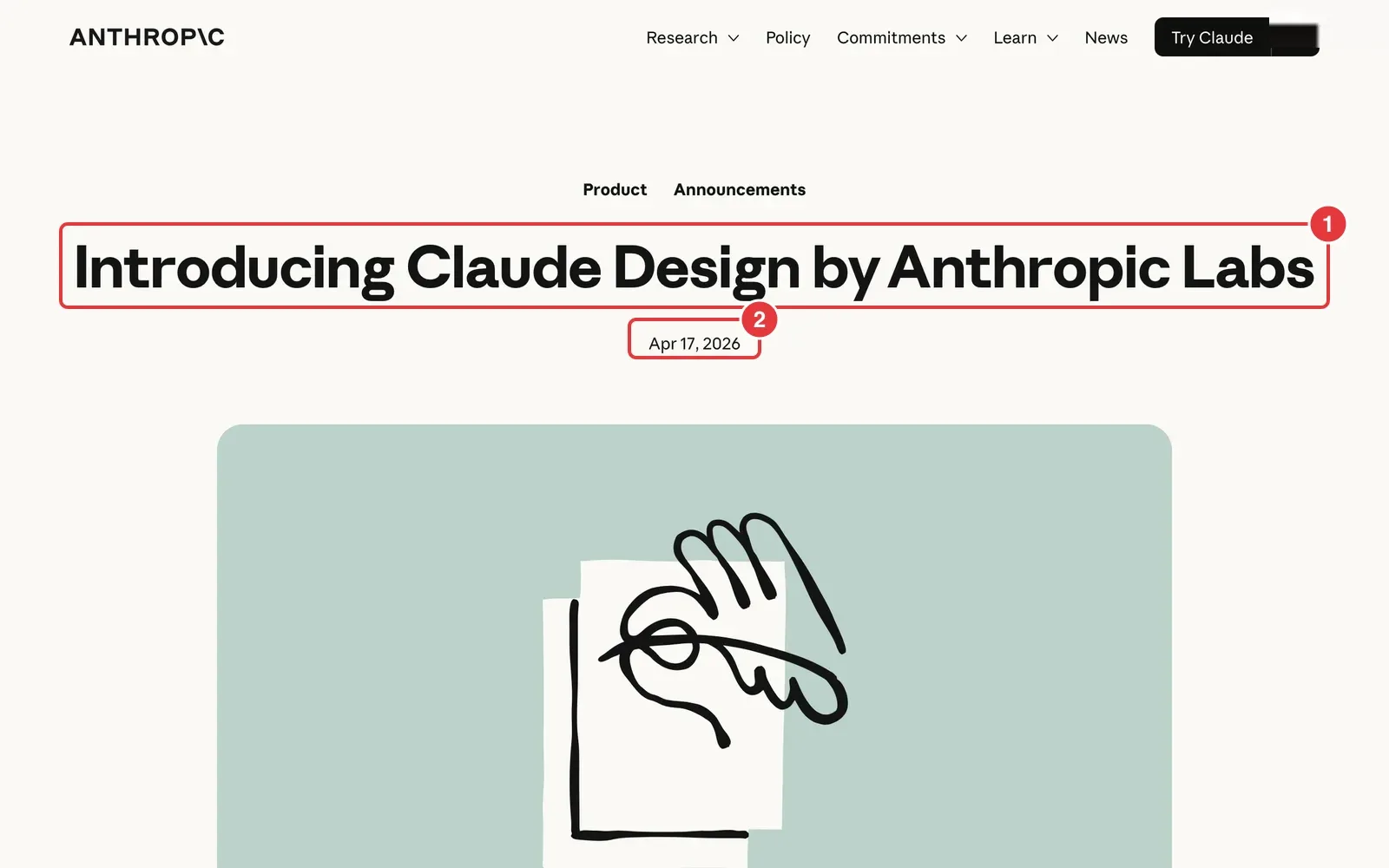 Ankündigung von Claude Design auf der Website von Anthropic mit markiertem Titel und Datum