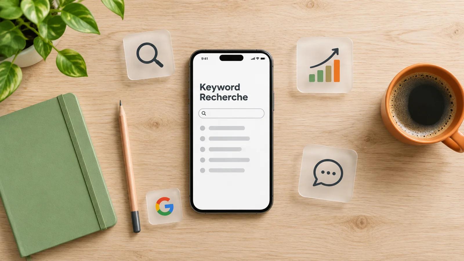 Smartphone von oben auf einem hellen Holztisch mit einem Suchfeld und dem Wort Keyword Recherche, daneben ein grünes Notizbuch, Bleistift, Kaffeetasse und Glaskarten mit Lupe und Balkendiagramm