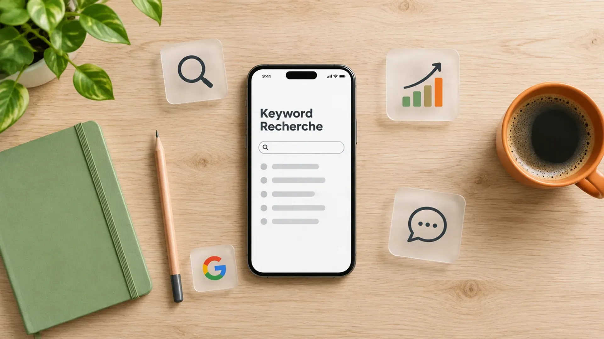 Smartphone von oben auf einem hellen Holztisch mit einem Suchfeld und dem Wort Keyword Recherche, daneben ein grünes Notizbuch, Bleistift, Kaffeetasse und Glaskarten mit Lupe und Balkendiagramm