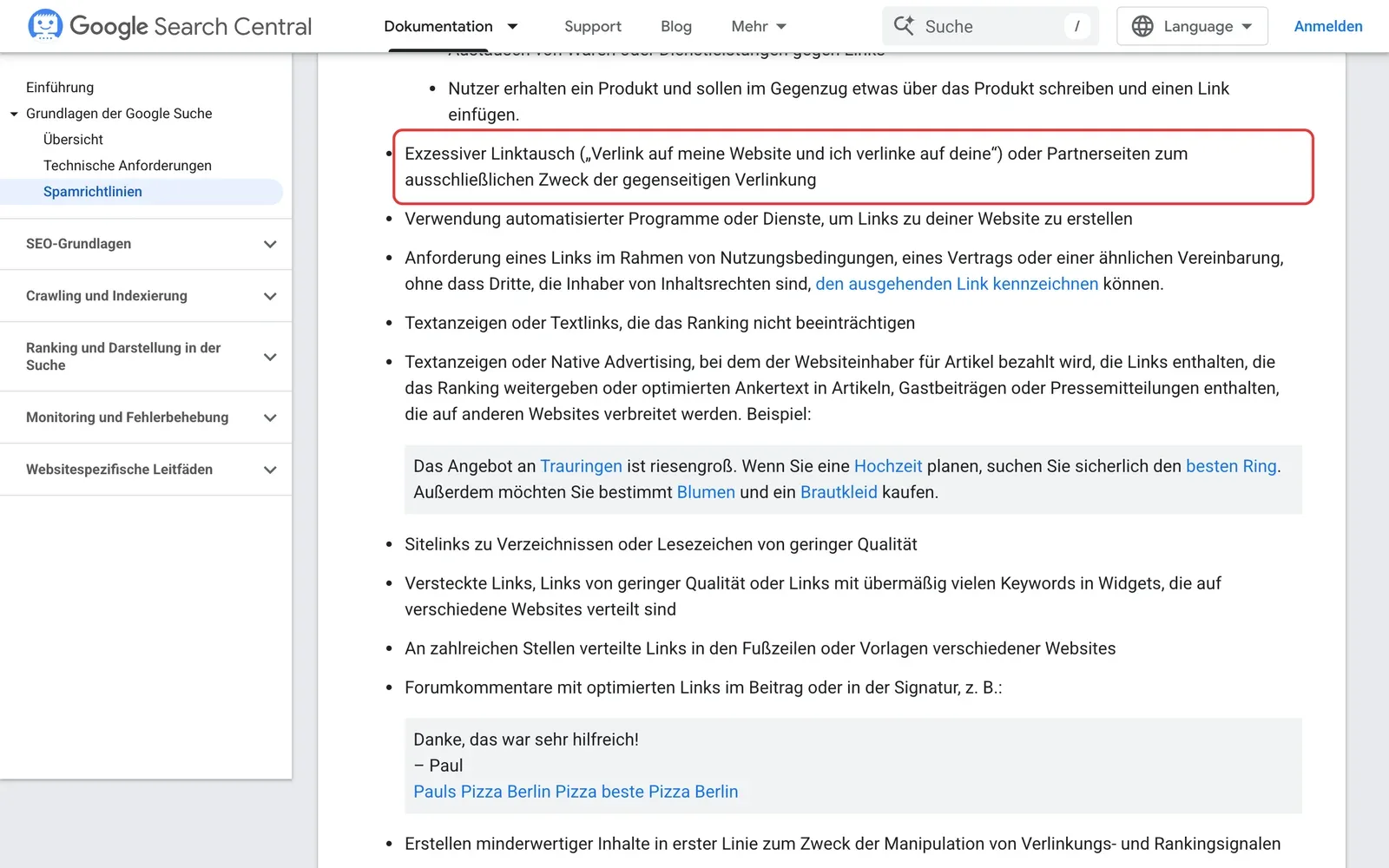 Google-Spamrichtlinien, Abschnitt Linkspam: der Punkt zu exzessivem Linktausch und Partnerseiten ist rot umrahmt