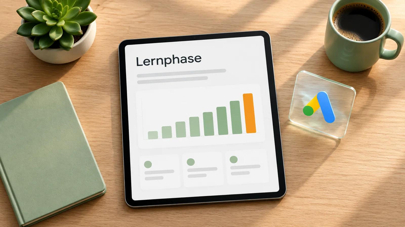 Tablet von oben auf einem hellen Holztisch mit dem Wort Lernphase und einem ansteigenden grünen Balkendiagramm, daneben eine Glaskarte mit Google-Ads-Logo