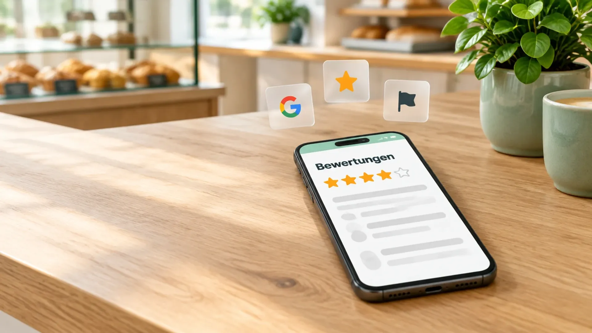 Smartphone auf einem hellen Ladentresen mit dem Wort Bewertungen und vier von fünf Sternen, darüber Glaskacheln mit Google-Logo, Stern und Fahne