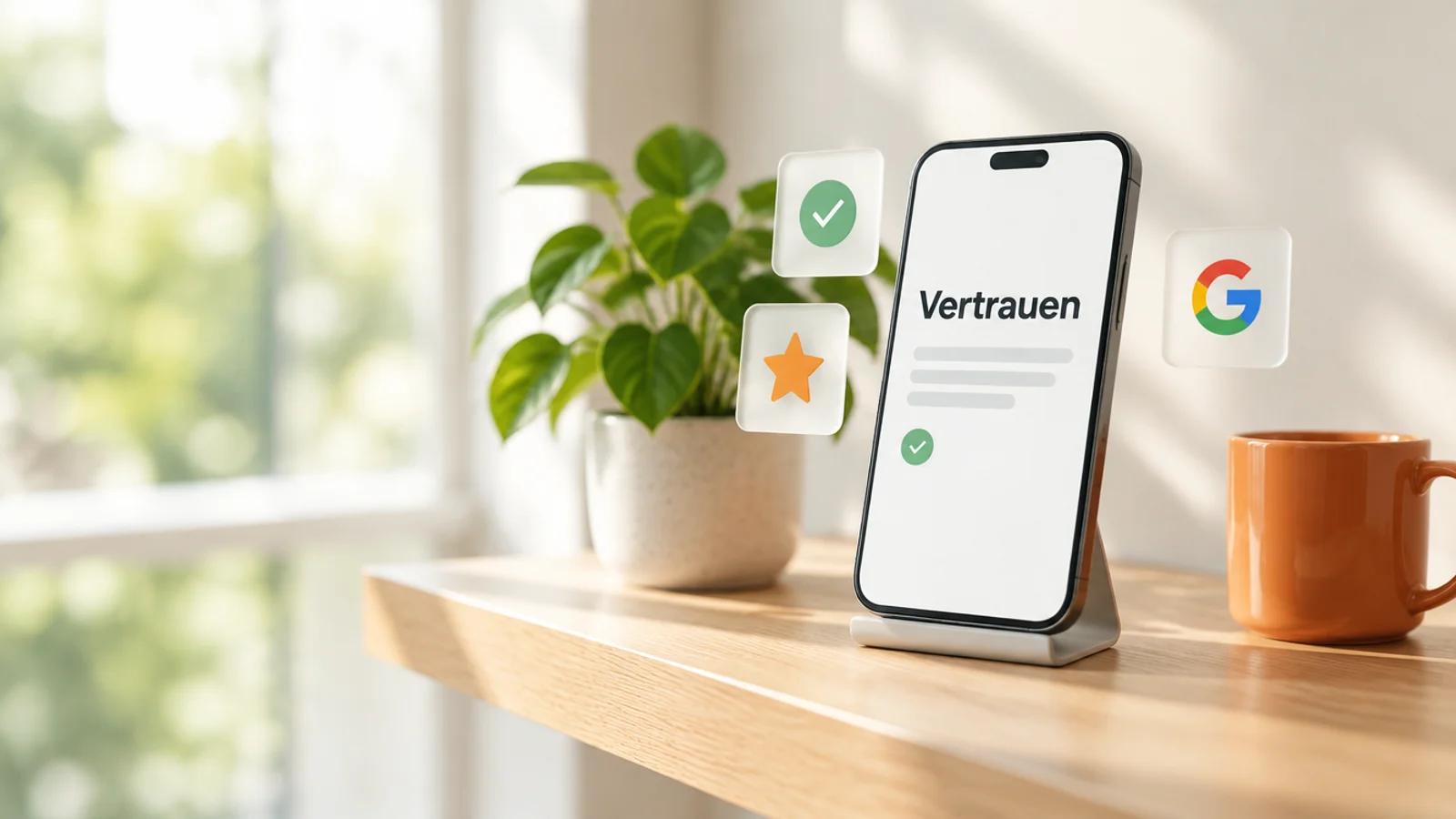 Smartphone schräg auf einem hellen Holzregal mit dem Wort Vertrauen auf dem Bildschirm, daneben Glaskarten mit Häkchen, Stern und Google-Logo