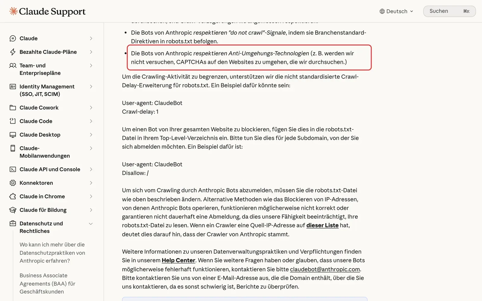 Claude-Hilfeseite zu den Crawlern von Anthropic, rot markiert ist der Satz, dass die Bots keine CAPTCHAs umgehen